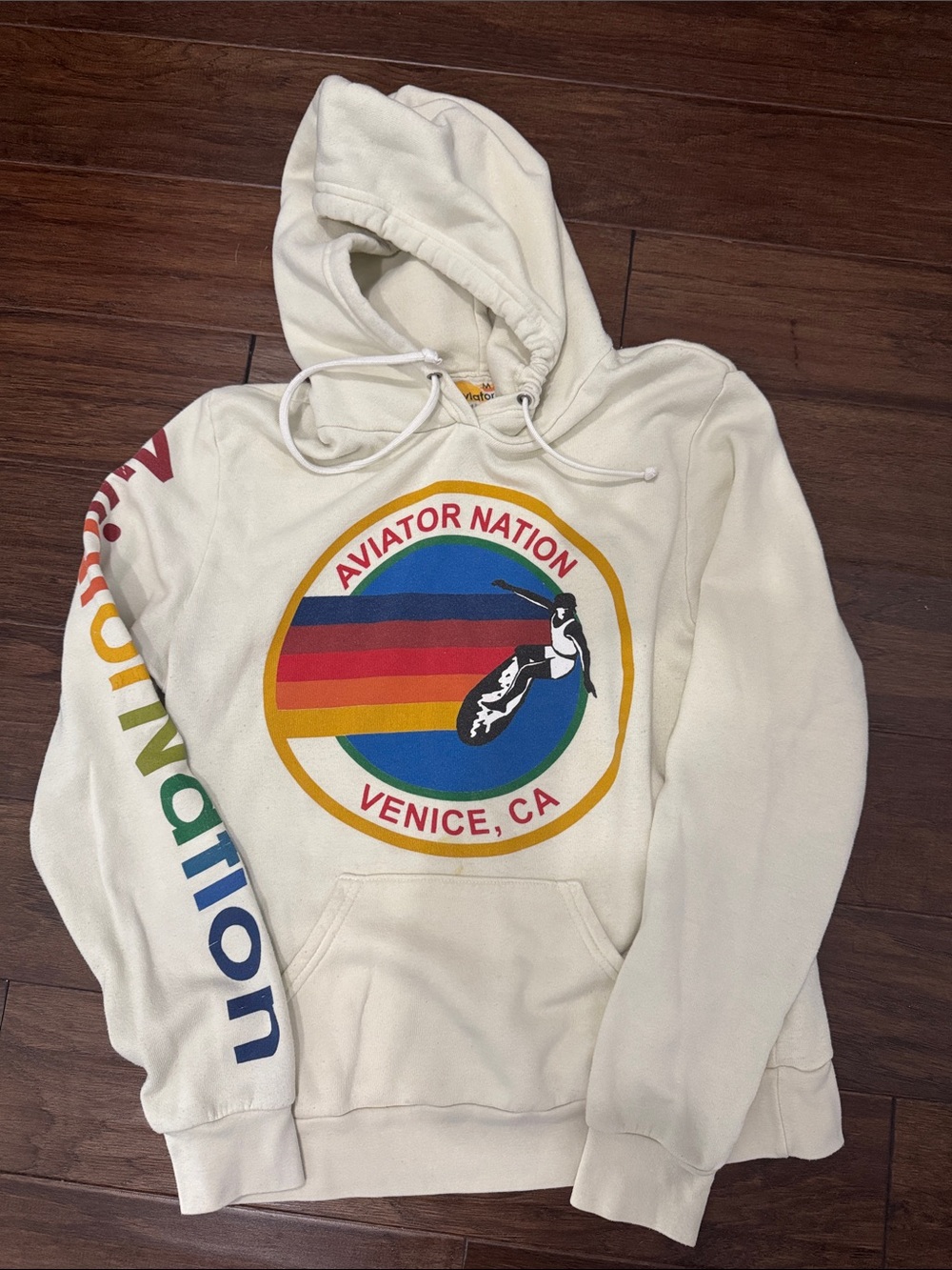 Aviator Nation Relaxed Cream Hoodie with Rainbow Logo and Sleeve Print